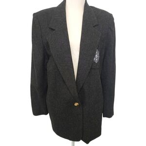 Vintage 90s Jonathan Logan Wool Blazer Padded Shoulders Long Length 14 Grey EUC